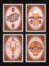 Set of vector postage stamps with glass of beer, keg, lobster