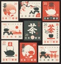 Set of old postage stamps with Japanese tea ceremony Royalty Free Stock Photo