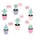 Set of 6 vector potted plants with funny faces and phrases