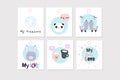 Set of 6 vector printable tags with hearts, animals and cups in