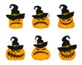 Set of vector pumpkins in Halloween hats with spiders. Cartoon style