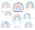 Set of vector rainbows with text. Rainbow with clouds.