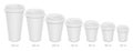 Set of vector realistic blank disposable coffee cups with lids. Different sizes of paper glasses for vending and hot drinks to go Royalty Free Stock Photo