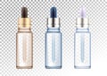 Set of vector realistic glass bottles in three colors. Cosmetic vials for oil, liquid essential, collagen serum. Vector Royalty Free Stock Photo