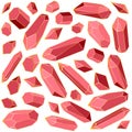 Set of vector red crystals in gold, hand-drawn with precious stones, magic element, ruby