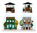 A set of vector restaurants, food carts and cafes. Irish pub exterior, coffee house. Flat design of facade. Beer house