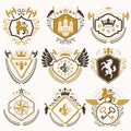 Set of vector retro vintage insignias created with design elements like medieval castles, armory, wild animals, imperial crowns.