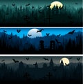 Set of vector Scary Halloween mountains forest background texture seamless pattern with woodland, castles and bats