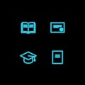 Set of vector school theme neon blue icons. Graduation collection of glowing pictogram certificate, magister hat, book isolated on