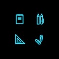 Set of vector school theme neon blue icons. Office supplies collection of glowing pictogram notepad, pen and pencil, ruler, clips