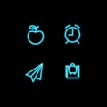 Set of vector school theme neon blue icons. Student collection of glowing pictogram apple, alarm, plane and backpack isolated on