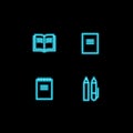 Set of vector school theme neon blue icons. Study collection of glowing pictogram book, notebook, pen and pencil isolated on black Royalty Free Stock Photo