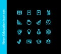 Set of vector school theme neon blue icons. Study collection of glowing pictogram of equipment, supplies, subject, activities Royalty Free Stock Photo