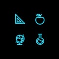 Set of vector school theme neon blue icons. Subject collection of glowing pictogram math, physics, geography, chemistry isolated