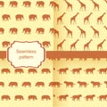 Set of vector seamless background with animals - elephants, giraffes, rhinos, tigers