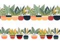 Set of vector seamless cozy borders with greenery in various pots isolated from background. Horizontal frieze with flat