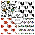 Set of vector seamless decorative pattern with hand drawn ladybug, mosquito, fish. Cute childlike backgrounds. Template for wrappi