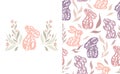 Set of vector seamless Easter pattern and card with decorated rabbits and flowers. Collection with nursery texture and
