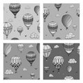 Set of seamless pattern with balloons in monochrome colors. Many differently colored striped air balloons flying in the