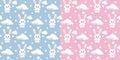 Set of vector seamless pattern with cute rabbit, clouds, stars on blue and pink background