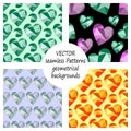 Set of vector seamless patterns with abstract geometric hearts. Polygonal design. Geometric triangular origami style, graphic illu