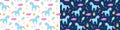 Set of vector seamless patterns with blue unicorns on white and deep blue