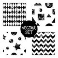 Set of vector seamless patterns Creative geometric black and white backgrounds with squares,stars,circles.Texture with attrition, Royalty Free Stock Photo