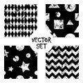 Set of vector seamless patterns Creative geometric black and white backgrounds with squares,stars,circles.Texture with attrition,