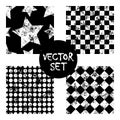 Set of vector seamless patterns Creative geometric black and white backgrounds with squares,stars,circles.Texture with attrition, Royalty Free Stock Photo