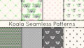 Set of 8 vector seamless patterns with cute koalas, eucalyptus branches, stars, hearts, zigzags. Collection of backgrounds in