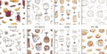 Set of vector seamless patterns. Christmas drinks. Popular winter beverages. Hot chocolate, eggnog, apple cider, mulled