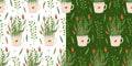 Set of vector seamless patterns with mugs decorated with hearts and wild flowers on white and green backgrounds. Royalty Free Stock Photo