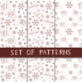 A set of vector seamless patterns with red linear bears, snowflakes and mittens Christmas and New Year Royalty Free Stock Photo