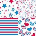 Vector seamless patterns, stars, fireworks, hearts