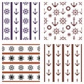Set of vector seamless patterns. Steering wheel, life preserver, anchor, rope. Creative geometric backgrounds, nautical theme. Gra Royalty Free Stock Photo