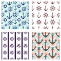 Set of vector seamless patterns. Steering wheel, life preserver, anchor, rope. Creative geometric backgrounds, nautical theme. Gra Royalty Free Stock Photo