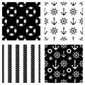 Set of vector seamless patterns. Steering wheel, life preserver, anchor, rope. Creative geometric backgrounds, nautical theme. Gra