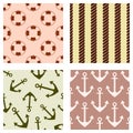 Set of vector seamless patterns. Steering wheel, life preserver, anchor, rope. Creative geometric backgrounds, nautical theme. Gra Royalty Free Stock Photo