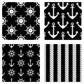 Set of vector seamless patterns. Steering wheel, life preserver, anchor, rope. Creative geometric backgrounds, nautical theme. Gra Royalty Free Stock Photo