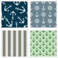 Set of vector seamless patterns. Steering wheel, life preserver, anchor, rope. Creative geometric backgrounds, nautical theme. Gra Royalty Free Stock Photo