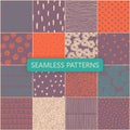 Set of vector seamless spring patterns with flowers, doodle pattern, dots, hearts, lines. Royalty Free Stock Photo