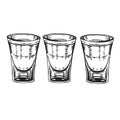 set of vector shot glasses for alcoholic drinks such as vodka and tequila, hand drawn sketch of shot glasses for strong
