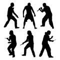 Set of vector silhouettes of fighting men with knife - martial arts, self-defense, criminality Royalty Free Stock Photo