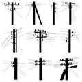 Set of vector silhouettes of power line poles