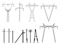 Set of vector silhouettes of pylons power line. Royalty Free Stock Photo