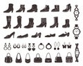 Set of vector silhouettes: shoes and accessories. Royalty Free Stock Photo