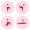 Set of vector silhouettes of woman doing yoga exercises. Colored icons of a girl in many different yoga poses isolated on pink Royalty Free Stock Photo