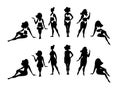 A set of vector silhouettes of women in different positions in swimsuits and underwear. Sitting and standing girls Royalty Free Stock Photo