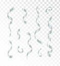 Set of vector silver ribbons on transparent background, holiday decorative design elements, silver serpentine Royalty Free Stock Photo