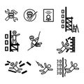 Set of vector simple icons on the topic of construction safety. Black and white symbols of builders, brick wall, scaffolding, Royalty Free Stock Photo